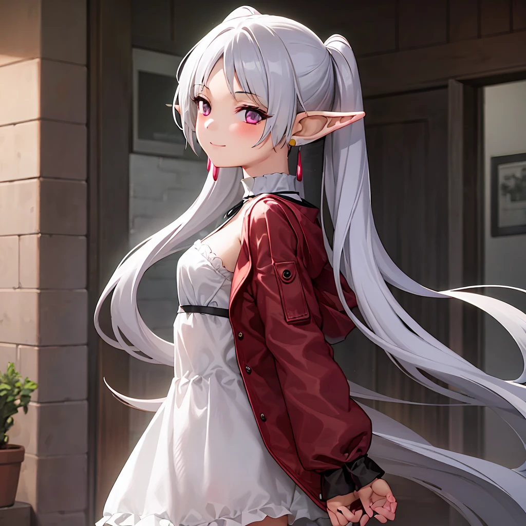  1 girl,  Twin Tails,  very long hair ,  silver hair,  pointed ears, Elf、(Small breasts:1.2),Cute white bra、Cute white panties,  earrings for a woman alone,smile、(Backwards、look back、Post