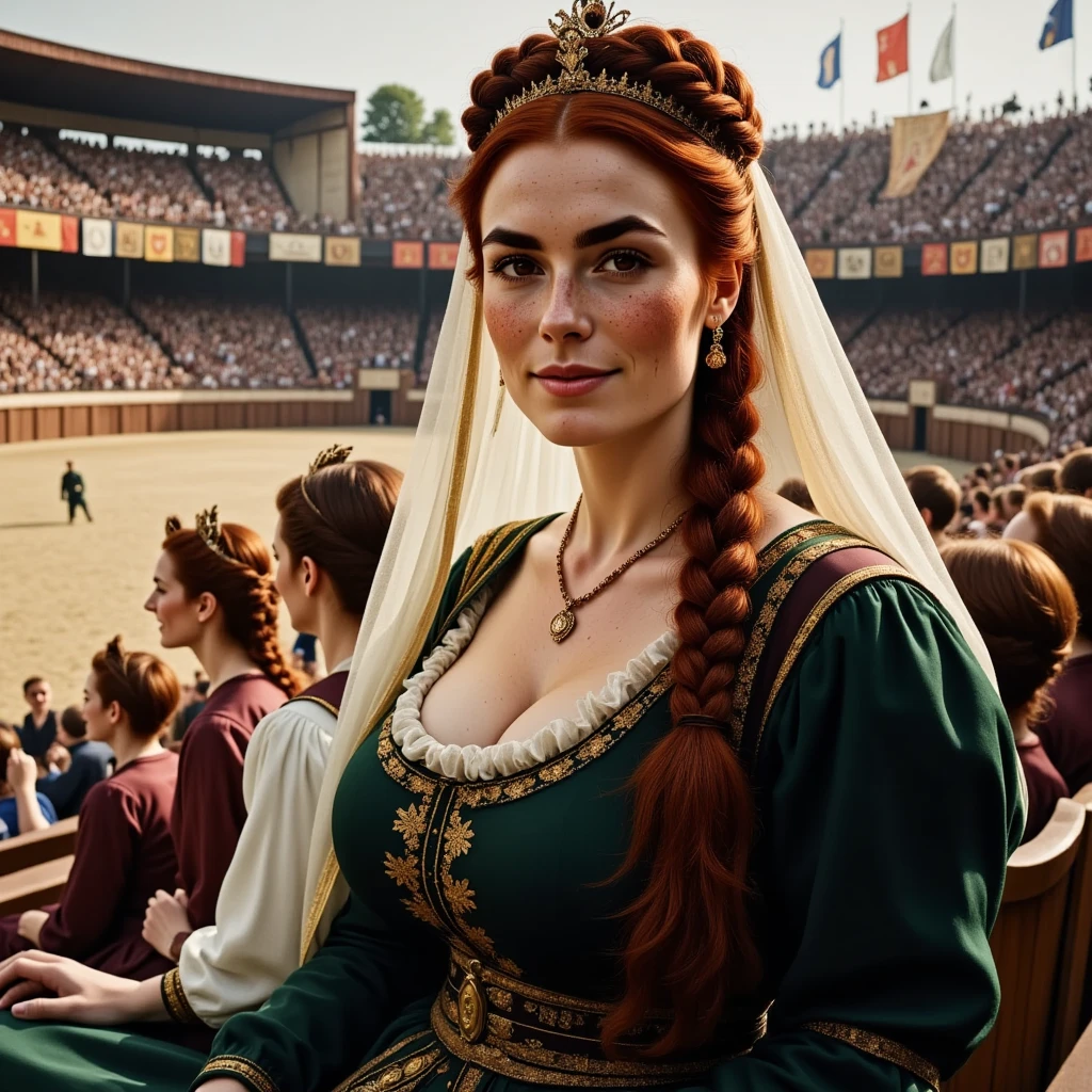 Photorealistic, cinematic style, a picture of a beautiful British woman dressed as a medieval noblewoman.  She's sitting in the stands of a jousting tournament. Bright coloured banners, rising stands, lavish heraldic decorations. Group of people dressed in medieval clothing. Smiling.  She's got brown eyes, downturned eye shape, light skin and freckles, long reddish-brown hair, braided hairstyle. She wears a beautiful dark green garb with gold trimmings, hair made into a series of buns on top of her head, white transparent veil covering her hair and neck. perfect hand,HDR, intricate details , 