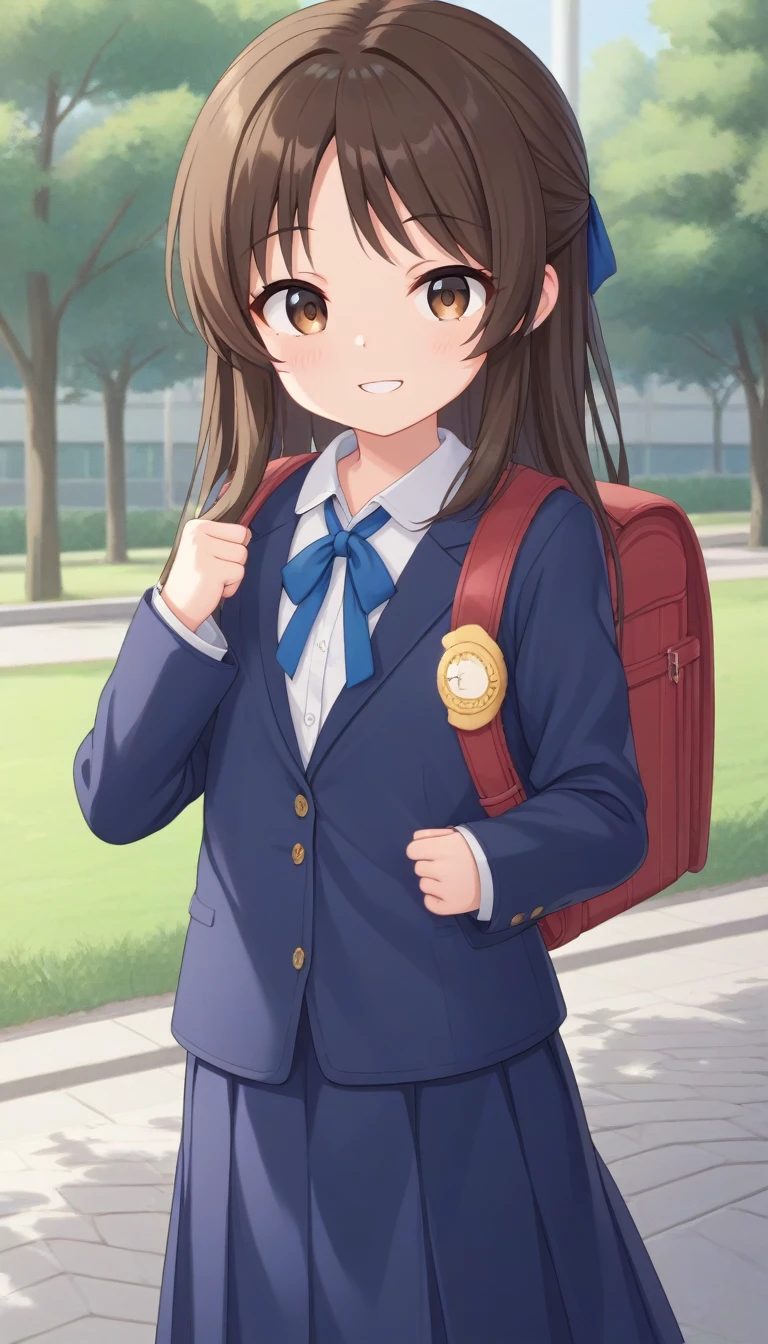 best quality, masterpiece, 4k, best quality 
1girl, solo, **** ****, tachibana arisu, brown hair, brown eyes, long hair, blue hair ribbon, bang, carry a school bag, randoseru, jyojifuku, dress, long sleeves, jacket, school uniform, standing, smile, cowboy shot, looking at viewer, outdoor, park, sunny day,
