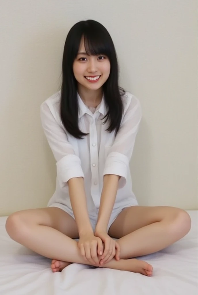 Full body shot from the front、Wear off-the-shoulder mini one-piece pajamas, bend your knees, spread your legs, take a cross-legged pose, and sit while looking at me, Slender bare legs 、smile、The background is a monotone 

