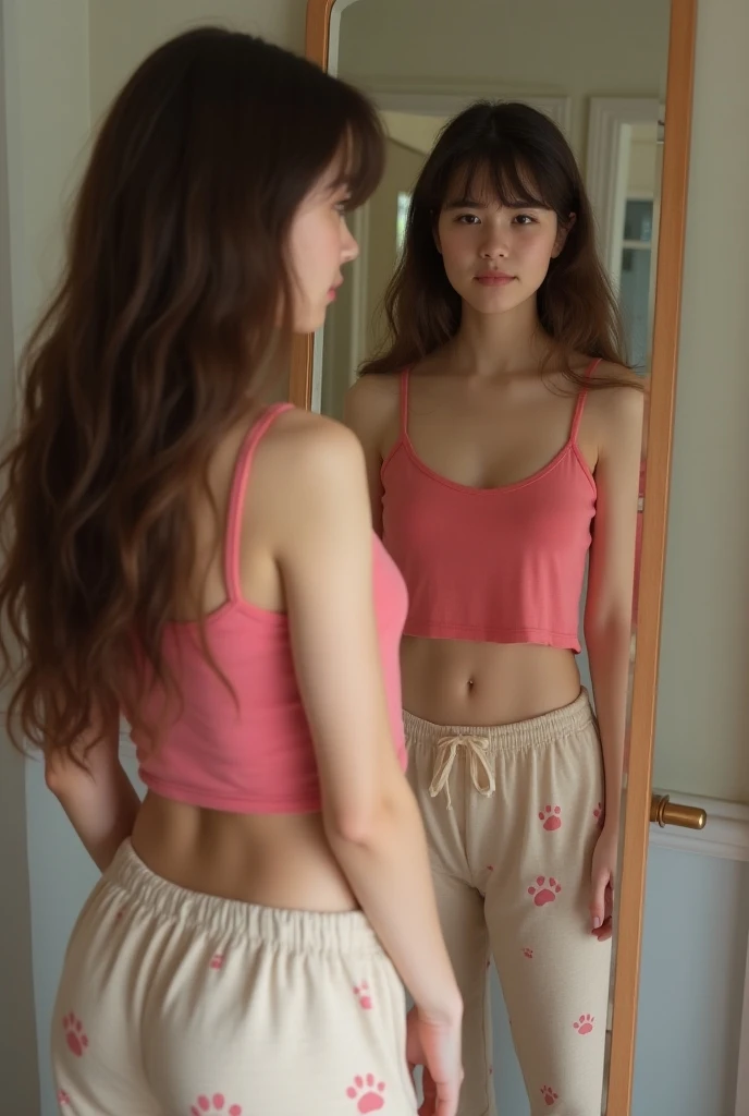 photo of a beautiful girl of 25 years old, wearing only a casual red short shirt with a hoodie and, brown hair with light highlights, in a room, half naked, fit body, no pantys, view from back, medium upper body shot, looking at the camera, cute smile, shallow depth of field