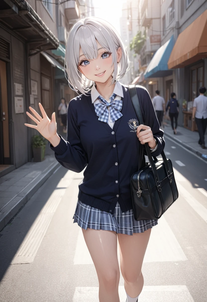 1 Japanese girl, ((shiny silver hair)), bob cut, bang between eyes, beautiful hair), (glossy silver eyes:1.5), (beautiful eyes, twinkle eyes, large eyes), (athlete body, large breasts), cute face, beautiful face, pretty face, beautiful, good anatomy, long eyelashes, expressive eyes, Perfect Hands, happy, smile, glossy lips, (close mouth:1.2), perfecteyes, BREAK 1girl, cute school uniform, outerwear is (dark navy cotton cardigan), closed front, long sleeves, (button-up:1.3), dark navy tops, innerwear is white collared shirt, (light blue gingham plaid ribbon on neck), light blue gingham plaid pleated skirt, mini skirt, white socks, loafers, holding a black school bag, BREAK 1girl, morning, walking, (waving gesture:1.2), one hand up, show palm, sunny, daylight, city, street, walking, smile, happy, BREAK Sketch, UHD, retina, masterpiece, high details, high quality, super detail, best quality, highres, 4K, 8k, cute, beautiful, full body detailed, 32K, high details, perfect lighting, perfect anatomy, sharp outline, high definition, extreme illustration, ambient lights, soft light, she has an anatomically correct structure and has five fingers on each of her right hand and left hand,