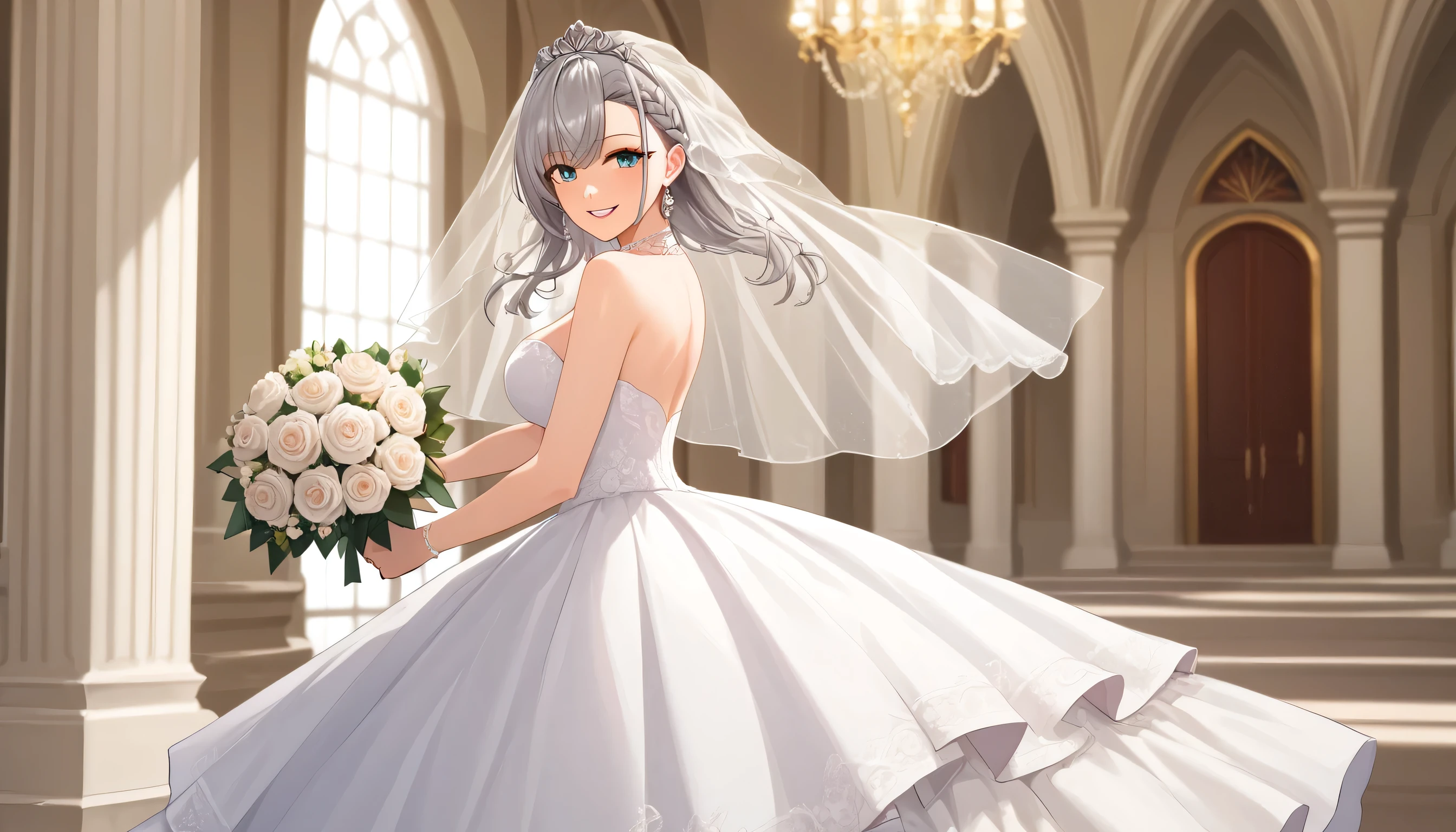 score_9,score_8_up,score_7_up, shiny skin,1 girl, VestiaZeta, Vestia Zeta Ho****ve, vestiadef, braid, cone hair bun, single thighhigh, grey hair, earrings, (masterpiece, top quality, best quality, official art, beautiful and aesthetic:1.2), extremely detailed, official artstyle, highest detailed, parted lips,wallpaper, (happiness, beautiful smile, happy expression, happy face), ((Wedding dress, chies, Bridal veil, Wedding, Bouquet)),(cowboy shot), holding a flower, cowboy shot, rose flower on hair