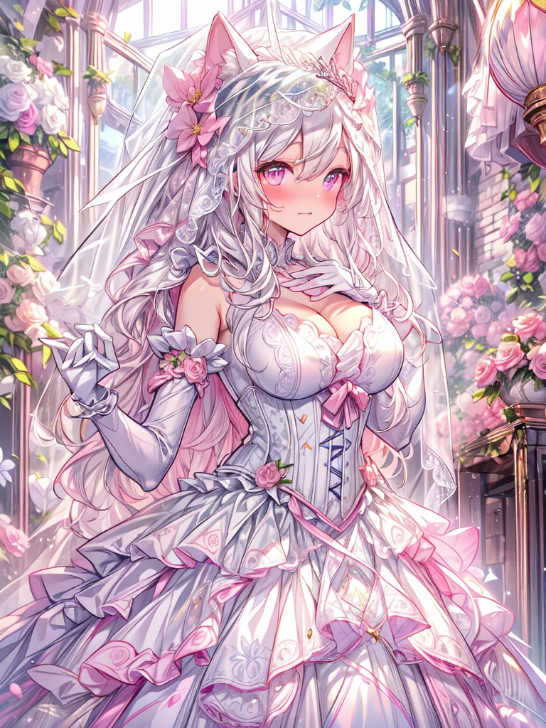 Masterpiece、Highest quality、Super detailed、1 girl、Big Tits、Cleavage、Gray Hair、Fluffy and soft long hair、Pink eyes、Heart Pupil、music、Lace cape、underwear、Ruffles and ribbons、Sparkling starry sky、Sprinkled with stars and crystals、smile、Pink Lipstick、Earrings、Lace veil