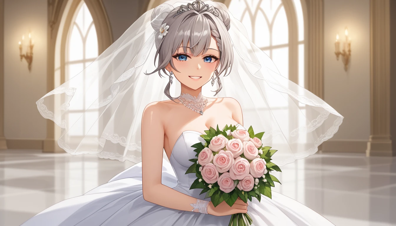 score_9,score_8_up,score_7_up, shiny skin,1 girl, VestiaZeta, Vestia Zeta Ho****ve, vestiadef, braid, cone hair bun, single thighhigh, grey hair, earrings, (masterpiece, top quality, best quality, official art, beautiful and aesthetic:1.2), extremely detailed, official artstyle, highest detailed, parted lips,wallpaper, (happiness, beautiful smile, happy expression, happy face), ((Wedding dress, chies, Bridal veil, Wedding, Bouquet)),(cowboy shot), holding a flower, cowboy shot, rose flower on hair