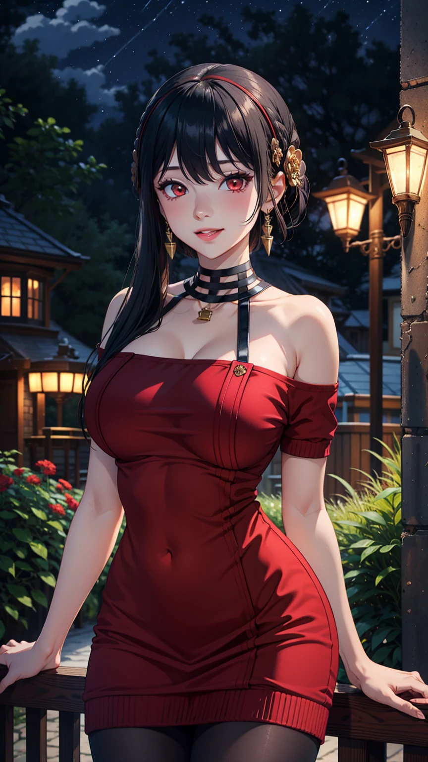 Masterpiece, ultra detail, high quality, 8k cg, blush, bright eyes, standing, outdoors, smile, (night:1.5), slim body, narrow waist, large breast,yor briar, long hair, black hair, red eyes, off shoulder, red sweater dress, pantyhose, earrings