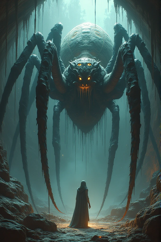 The image is anime style cowboy bebop and Darker than black with shadows and dim lights, anime style although somewhat adult and dark, It shows a desolate white landscape, where piles of rocks rise, high, thin and pointed, grey in colour, It looks like giant stalactites. Among them, walking creatures similar to stick insects, but colossal, over 100 meters high, and they shine, They have two red eyes, They can hardly be fully appreciated because of the fog