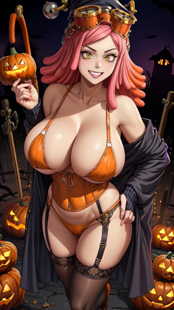 MeiS2, (Pink hair), Goggles on head, witch hat, Symbol-shaped pupils, Yellow eyes, medium hair, gigantic breasts, cleavage, (((halloween themed, orange clothing colour))), micro bikini, lingerie, garter belts, stockings, 1girl, correct anatomy, BREAK, ((masterpiece, highest quality, best quality, official art, beautiful and aesthetic: 1.2, extremely detailed, fractal art: 1.3, colorful, highest detailed, HDR, vivid visual effects)), BREAK, ((Detailed eyes, Detailed face, Detailed eyes, perfect face)), BREAK, seductive look, grinning, full body, 