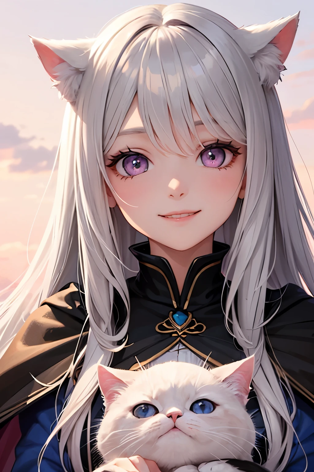 1girl, long wave hair, gray hair, pink eyes, big eyes, smile, wizard cape, dress with frill, cat, pink sky, face close up, ((masterpiece))