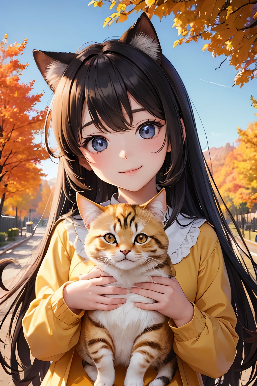 Beautiful nature on a clear fall morning 、 small, wonderful, beautiful princess holding a cute cat with both hands，可愛い猫を両手で抱きしめる、smile、Best Quality,