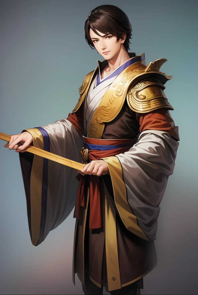 masterpiece, best quality, romance of the three kingdoms, realistic, game cg, watercolor \(medium\), 1boy, simple background, noble_clothes, Oriental, detailed hair, detailed brown eyes, detailed clothes, armor, full body, short hair, jiang wei