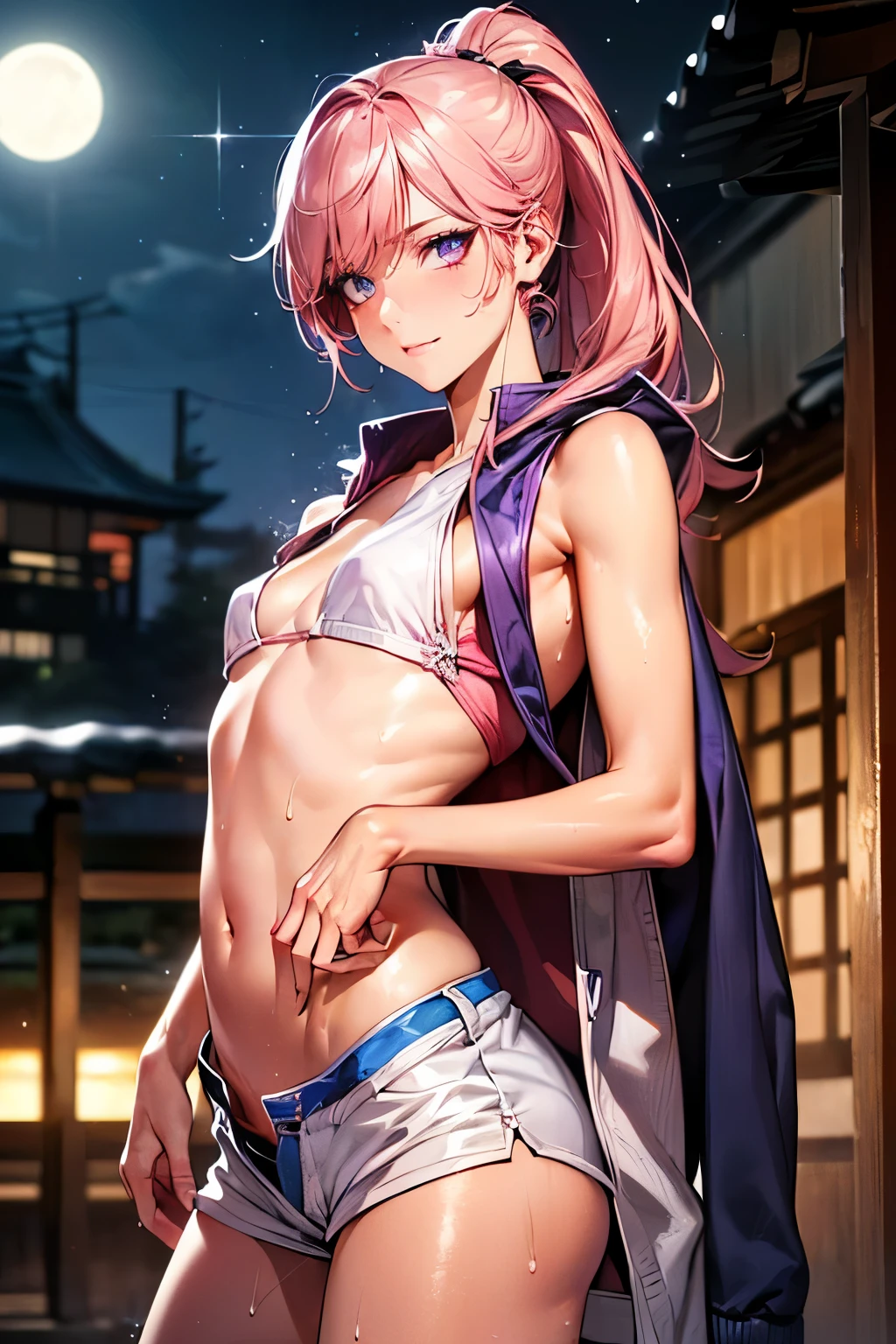 1 menina de um anime com cabelo roxo, no quarto, 1girl, soio, ((sadistic)), olhos amarelos, Purpose, cabelo rosa, olhando para mim, ((Censura)), ((Lastly)), wearing a short bikini , Rabo de cavalo do lado direito, (((pernas tonificadas))), coxas musculosas espessas, cintura fina, barriga musculosa, Hands on hips, barefoot, 8k, ultra realistic