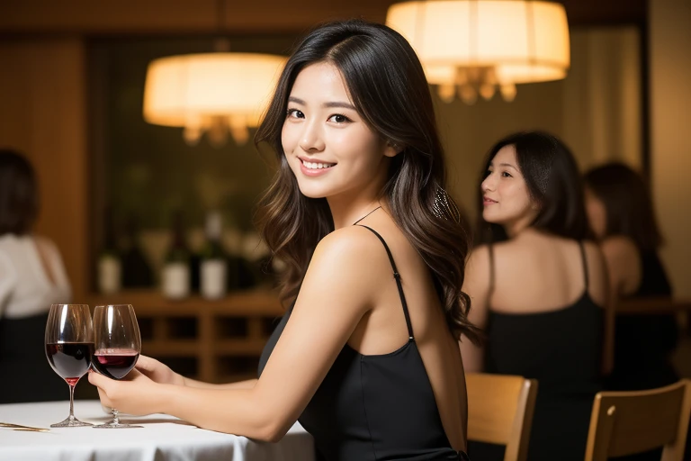 (8k, RAW photo, photorealistic, HQ, masterpiece), a cute Japanese woman, (glowing eyes), 
(bright smile), wavy hair, (Black dress), medium breasts, 
(Stylish and spacious restaurant, wine glasses on the table, Italian food, wine bottles), Depth of field rally background, backlighting, 