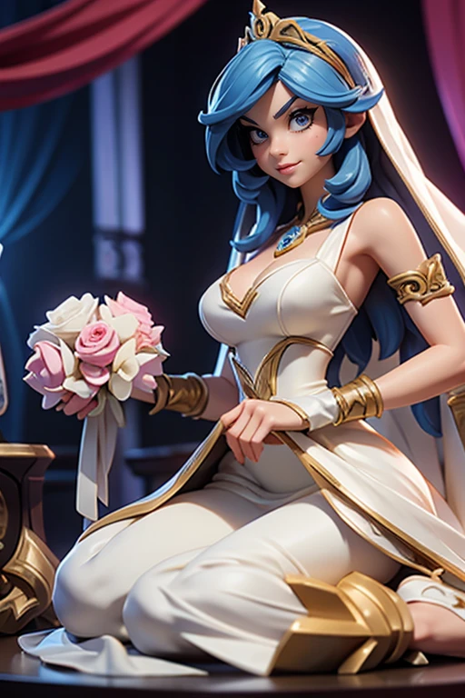 Q version of League of Legends Vi figure on the table, wearing a wedding dress,