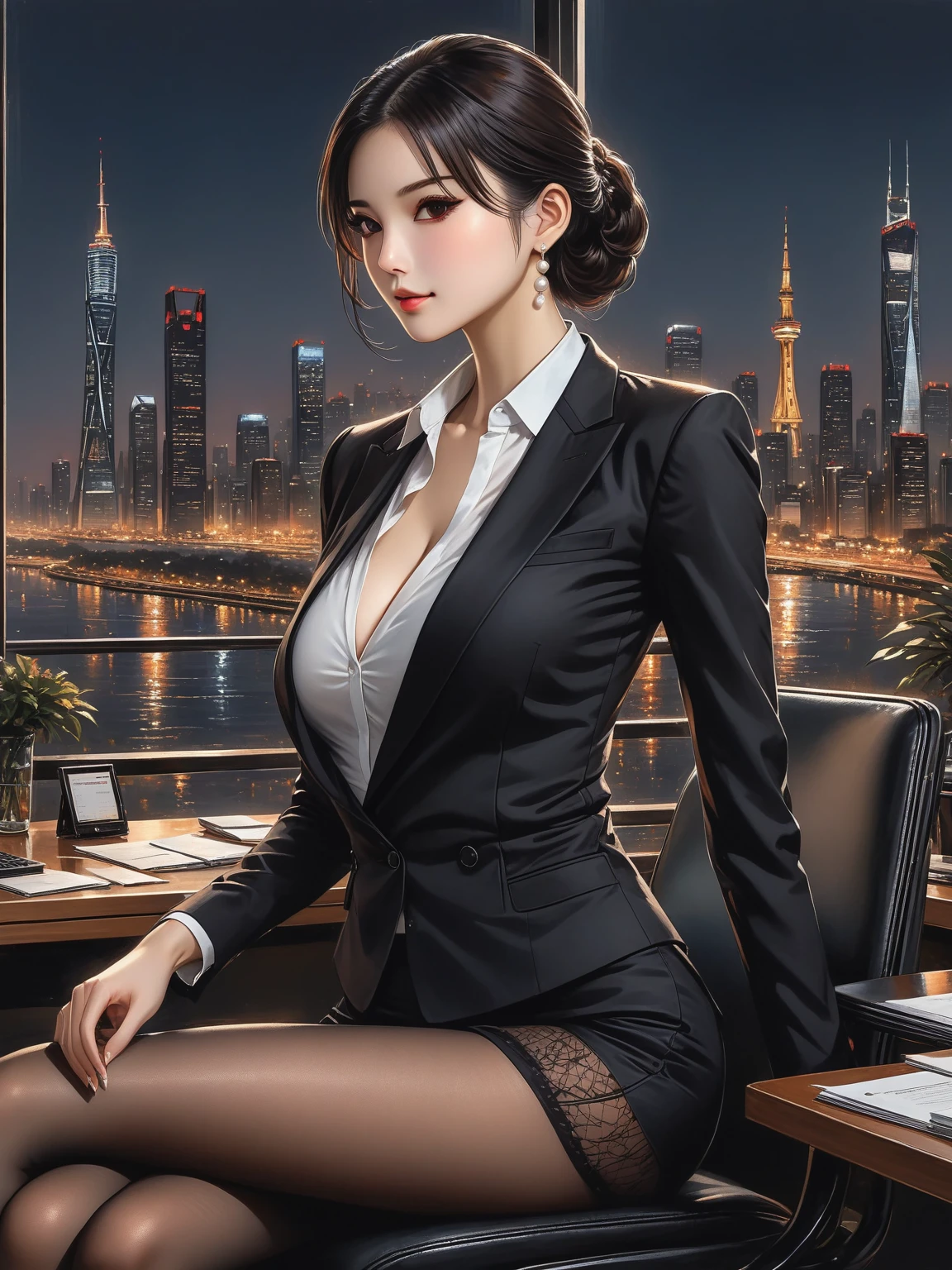 score_9, score_8_up, score_7_up, Elegant woman, woman wearing business clothes, focus on face, formal blazer, White shirt, High heel, Black high waist business skirt, Black transparent netted pantyhose, beautiful, masterpiece, best quality, extremely detailed face, perfect eyes, soft lighting, beautiful hands, perfect hands, (black hair:1.2), long hair, hair over eyes, (red eyes:1.2), slender figure, long legs, thin, medium breasts, businesswoman, CEO, Sit in a luxurious black leather office chair, Huge modern windows,The night city skyline in the background. Picture her with a poised demeanor, wearing a tailored, sleeveless charcoal-gray business suit that exudes sophistication. cleavage, broad shoulders. Her sleek, light-blonde hair is styled in a tasteful updo, complementing the subtle pearl earrings adorning her ears. The ambient office lighting softly highlights her graceful features as she confidently sits at her desk, surrounded by an atmosphere of success and professionalism. Capture the essence of modern femininity and corporate elegance in this AI-generated artwork. (extremely detailed illustrated 8k wallpaper).