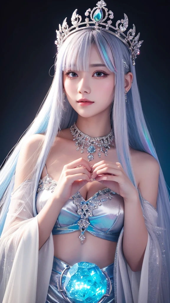 ( absurdly , high quality , Super detailed,(See photographer )、Ice Queen,Crystal costume with detailed, beautiful and colorful patterns,ice queen,ice World,fantasy palace of god
