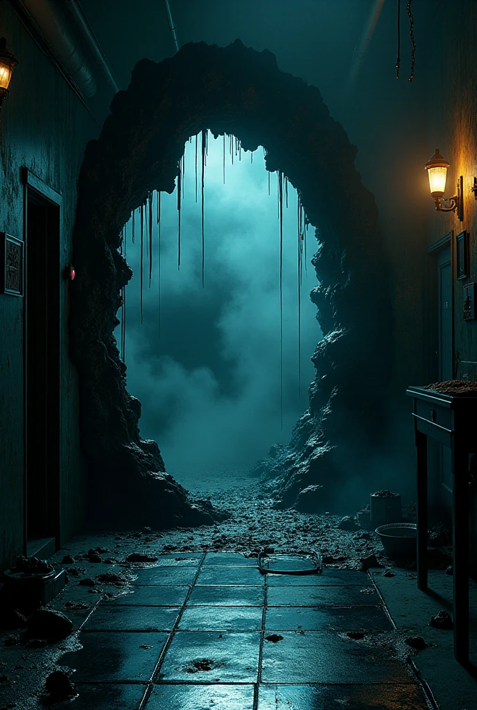 A haunting, otherworldly portal inspired by 'Stranger Things,' appearing as a dark and ominous rift in the wall of a secret underground laboratory. The portal has an organic, eerie quality, as if the very fabric of reality has torn open, revealing a dark void leading into another dimension. The edges of the rift are jagged and pulsate with a faint, sickly green and purple glow, with wisps of black mist seeping out, giving the impression of something alive and sinister beyond the threshold. The laboratory itself is dimly lit, with flickering fluorescent lights casting harsh shadows across cold metal surfaces and scattered scientific equipment.

Around the portal, strange veins and tendrils reach out as if the doorway is infecting the surrounding wall, with a slimy, viscous texture that shimmers slightly under the fluorescent light. Inside the rift, a swirling, chaotic mix of dark blues, deep purples, and hints of red creates a sense of depth and draws the viewer in, hinting at a vast, unknown world on the other side. The air around the portal seems heavy and distorted, bending light slightly and producing a faint hum, as if vibrating with energy.

The atmosphere is tense, mysterious, and filled with dread, as though crossing the portal would lead to an entirely hostile and alien environment. Every detail, from the warped shadows to the faint, unsettling sounds emanating from the portal, is depicted in high definition, with ultra-realistic textures and intricate details in a dark, cinematic color palette, capturing the ominous presence of this gateway to another dimension.