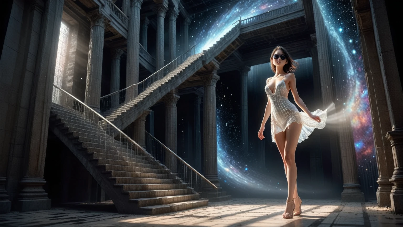 (Wide and low angle view). Ryoji Ikeda Style, High quality 3d background in matrix style, lost memory fantasy scene, open-air staircase is collapsing with surreal galaxy in the dark background. A woman, (wearing a transparent:0.8 ivory flowing stunning sleeveless sling backless deep-v one-piece short:0.1 loose princess dress), in dark background. (1girl, solo, alone), photorealistic, large-breast:1.4 slim:0.5 body, (detailed oval:0.4 face, strong light on face), side boob, cleavage:1.1, white laced G-string micro panty, (black micro sunglasses), (((aiming the viewer with a short:0.5 gun))), (looking at camera), dynamic hip-up running pose, ((half-body thigh level close-up:1.9 shot)) in the foreground, cinematic lighting, ray tracing, dark background.