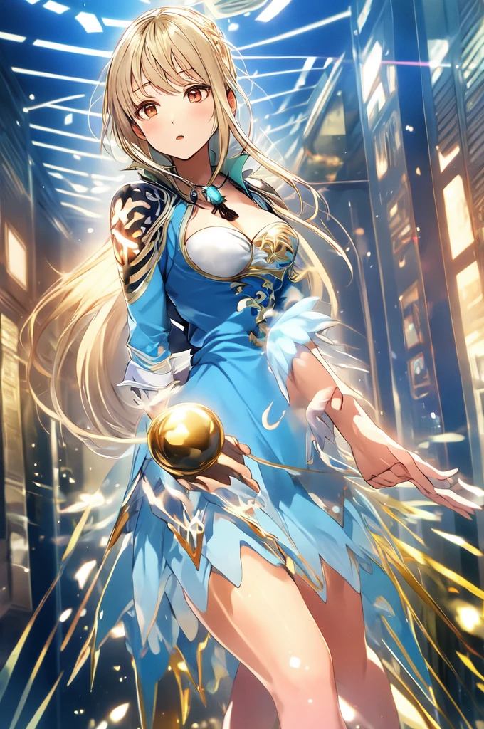 chibi, masterpiece, best quality, ultra-detailed, a floating girl dressed in beautiful blue dress,reaching forward with her hand, magical light rings surrounding her, glowing blue magical devices in her hand, her expression is calm and elegant, as if she can see everything, long, flowing hair drifting around her in the air, soft ambient light filling the background, enhancing the feeling of weightlessness and serenity in the scene.