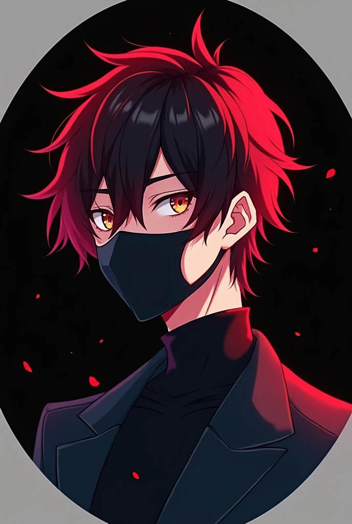 Anime boy with red hair covering his eyes and with black devil horns and blindfold and a black and red Lakers basketball shirt with sleeves and a hood