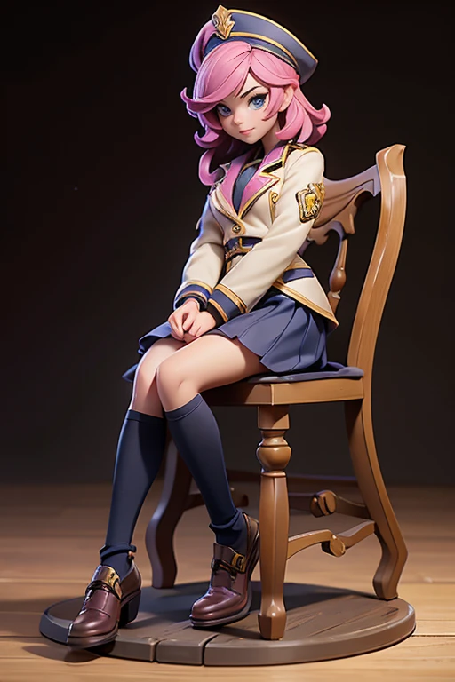 Q version of League of Legends Vi figure on the table, sitting in a high school girl's uniform, full body shot,