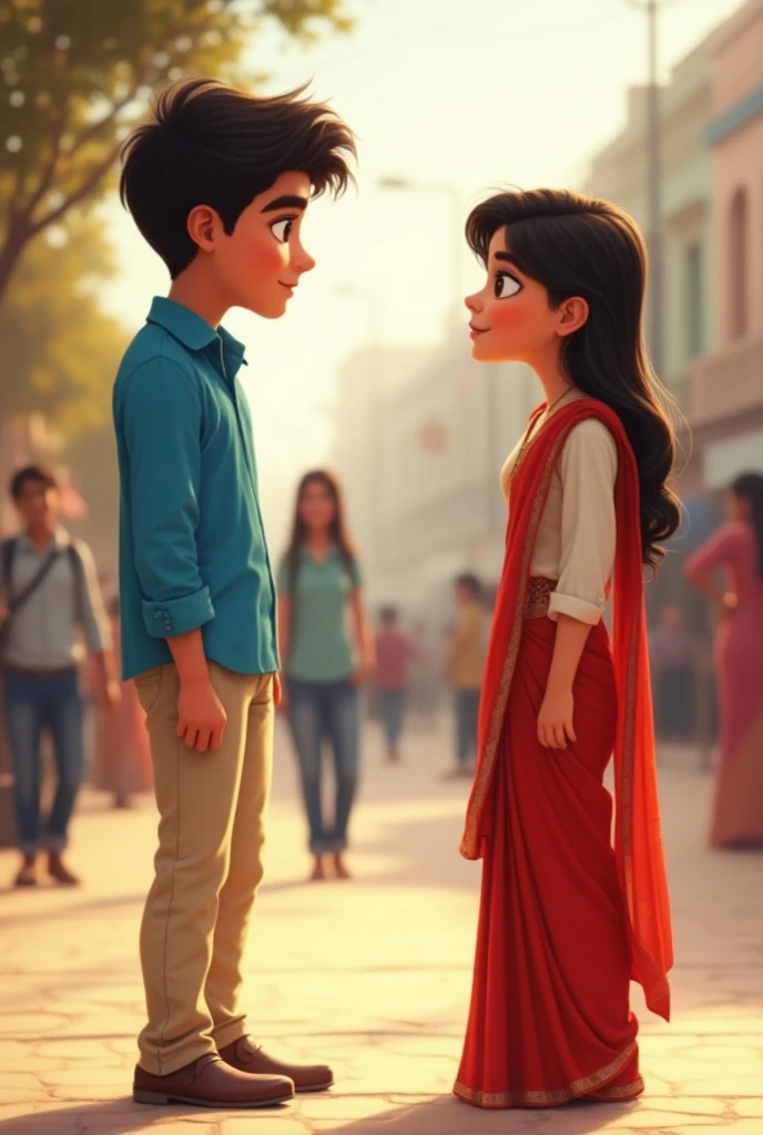 realistic indian 19-Year-old cute girl drying clothes with home top with rope wire and background of blue sky in Indian Street and wearing pink lehenga and 20 year old boy standing hugging girl back with Look at the girl with second home top boy Wearing black hoodie written name”Raghav’ on it by the way mother going home top around, some many going, and , 3D art painting realistic photo with high resolution.”