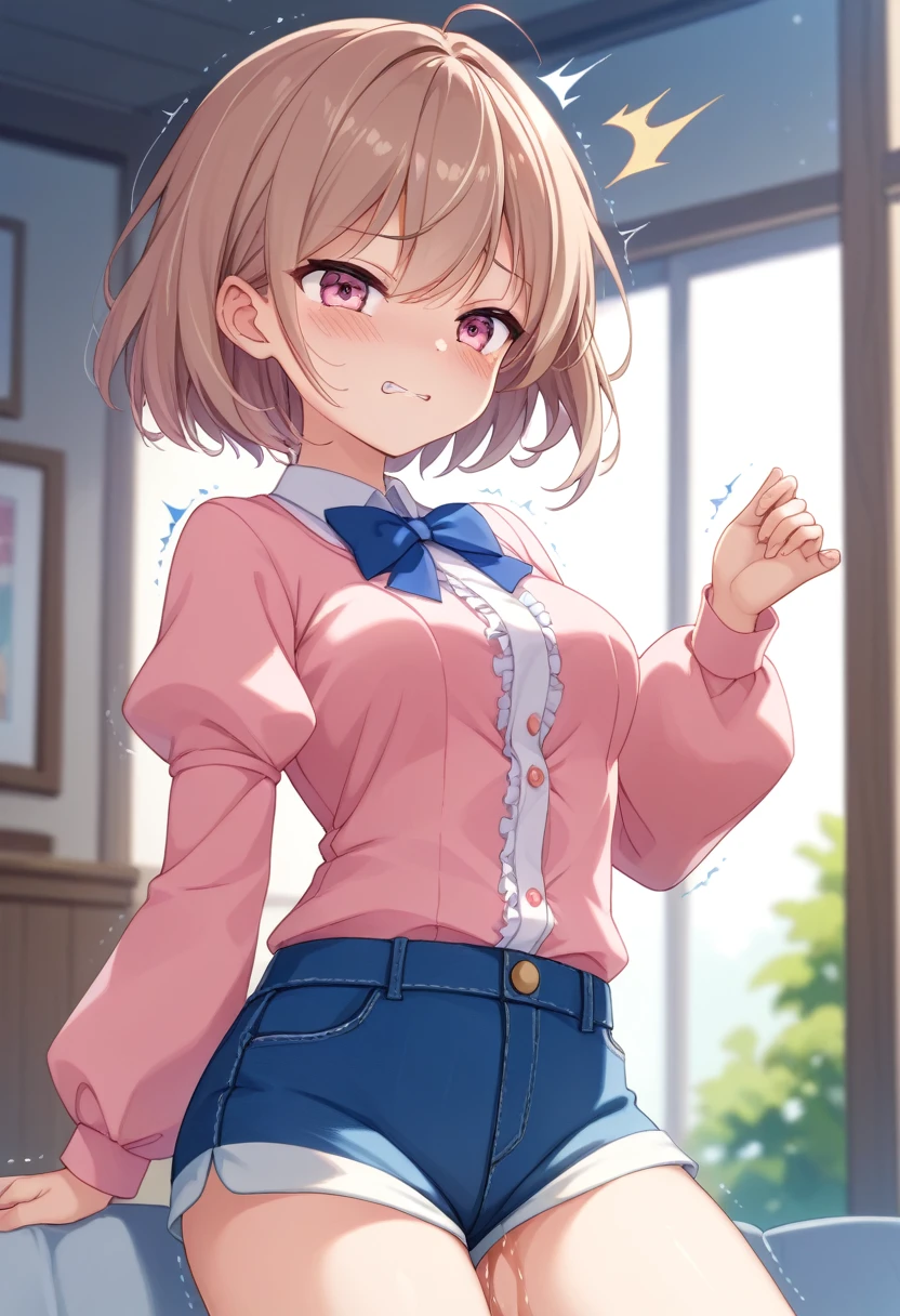 female、High image quality、Brown short hair、shorts、Clothes with buttons、puff sleeves、Troubled face、Embarrassing、pink clothes、とてもEmbarrassing、(Diapers)、(膨らんだDiapers)、(Pee)、Trembling