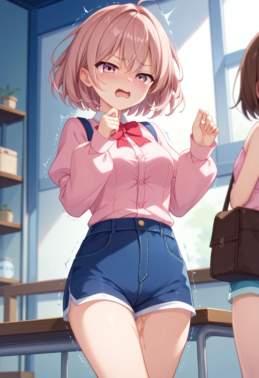 female、High image quality、Brown short hair、shorts、Clothes with buttons、puff sleeves、Troubled face、Embarrassing、pink clothes、とてもEmbarrassing、(Diapers)、(膨らんだDiapers)、(Pee)、Trembling