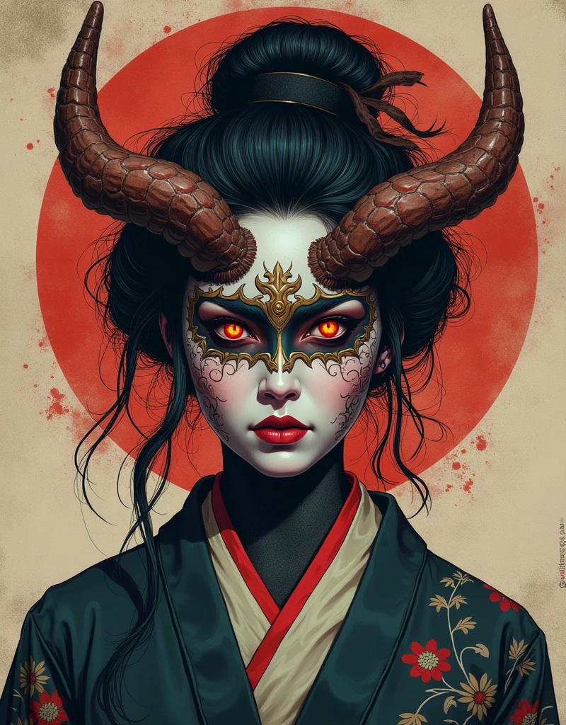 female succubus in japan folk outfit ,vector graphics, strong contours, logo design