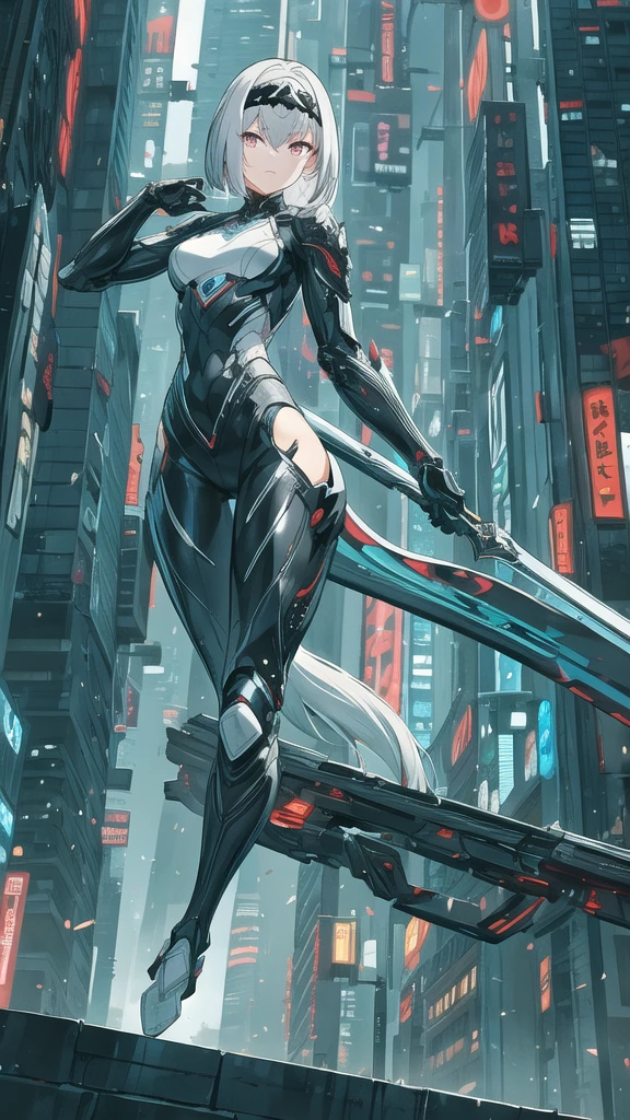 A beautiful detailed girl with flowing silver hair wearing a black mechanical cyberpunk suit, headband, bob haircut, extremely detailed eyes and lips, very detailed face, jumping towards the camera with sword, action scene, slim, graceful figure, perfect proportions, assassin, complex digital animation art, 8k wallpaper, masterpiece, best quality, high resolution, ultra-detailed, photorealistic, complex lighting, spectacular, leaping towards camera, dazzling sword strike, ethereal aura,吠える