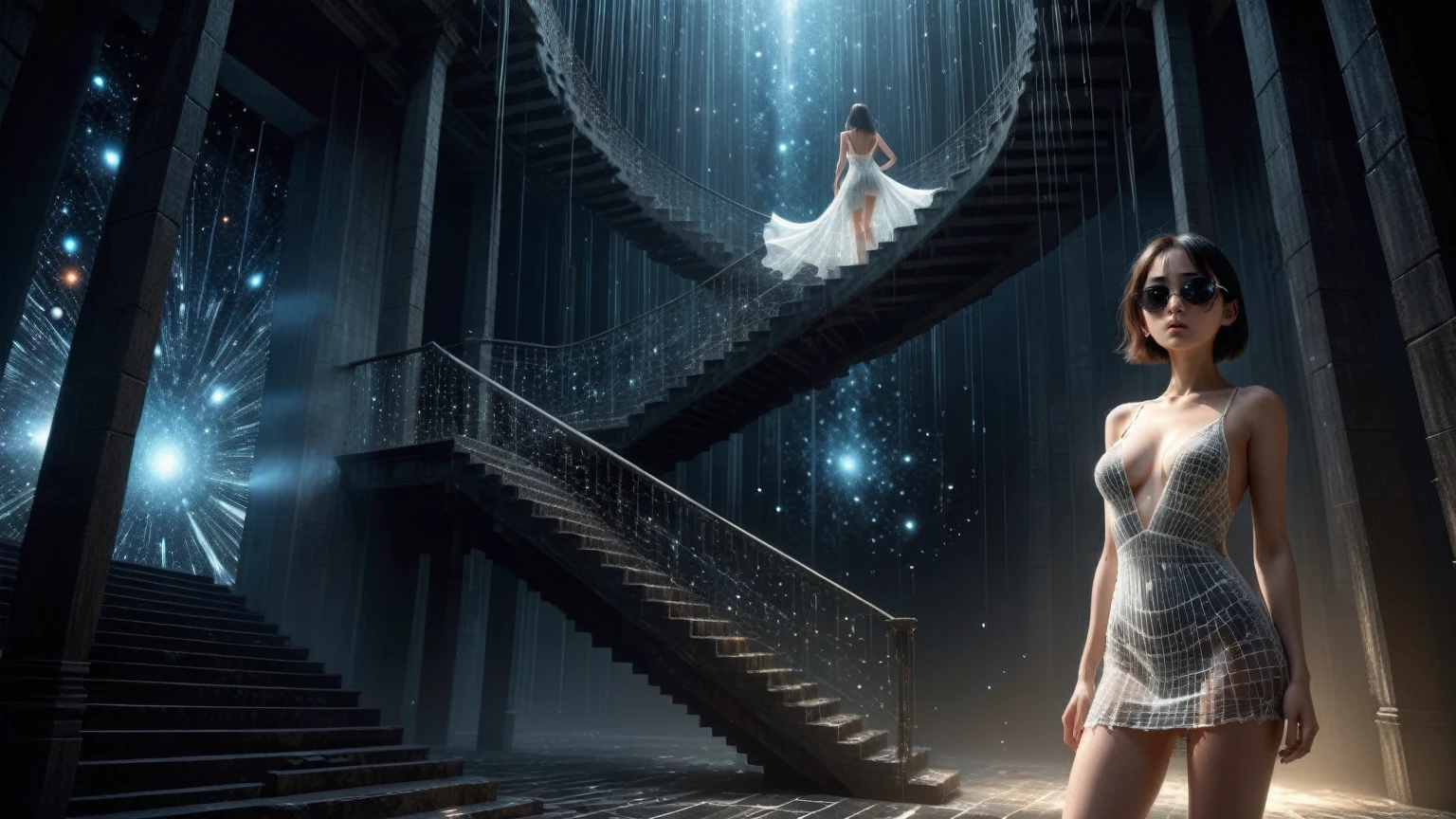 (Wide and low angle view). Ryoji Ikeda Style, High quality 3d background in matrix style, lost memory fantasy scene, open-air staircase is collapsing with surreal galaxy in the dark background. A woman, (wearing a transparent:0.8 ivory flowing stunning sleeveless sling backless deep-v one-piece short:0.1 loose princess dress), in dark background. (1girl, solo, alone), photorealistic, large-breast:1.4 slim:0.5 body, (detailed oval:0.4 face, strong light on face), side boob, cleavage:1.1, white laced G-string micro panty, (black micro sunglasses), (((aiming the viewer with a short:0.5 gun))), (looking at camera), dynamic hip-up running pose, ((half-body thigh level close-up:1.9 shot)) in the foreground, cinematic lighting, ray tracing, dark background.