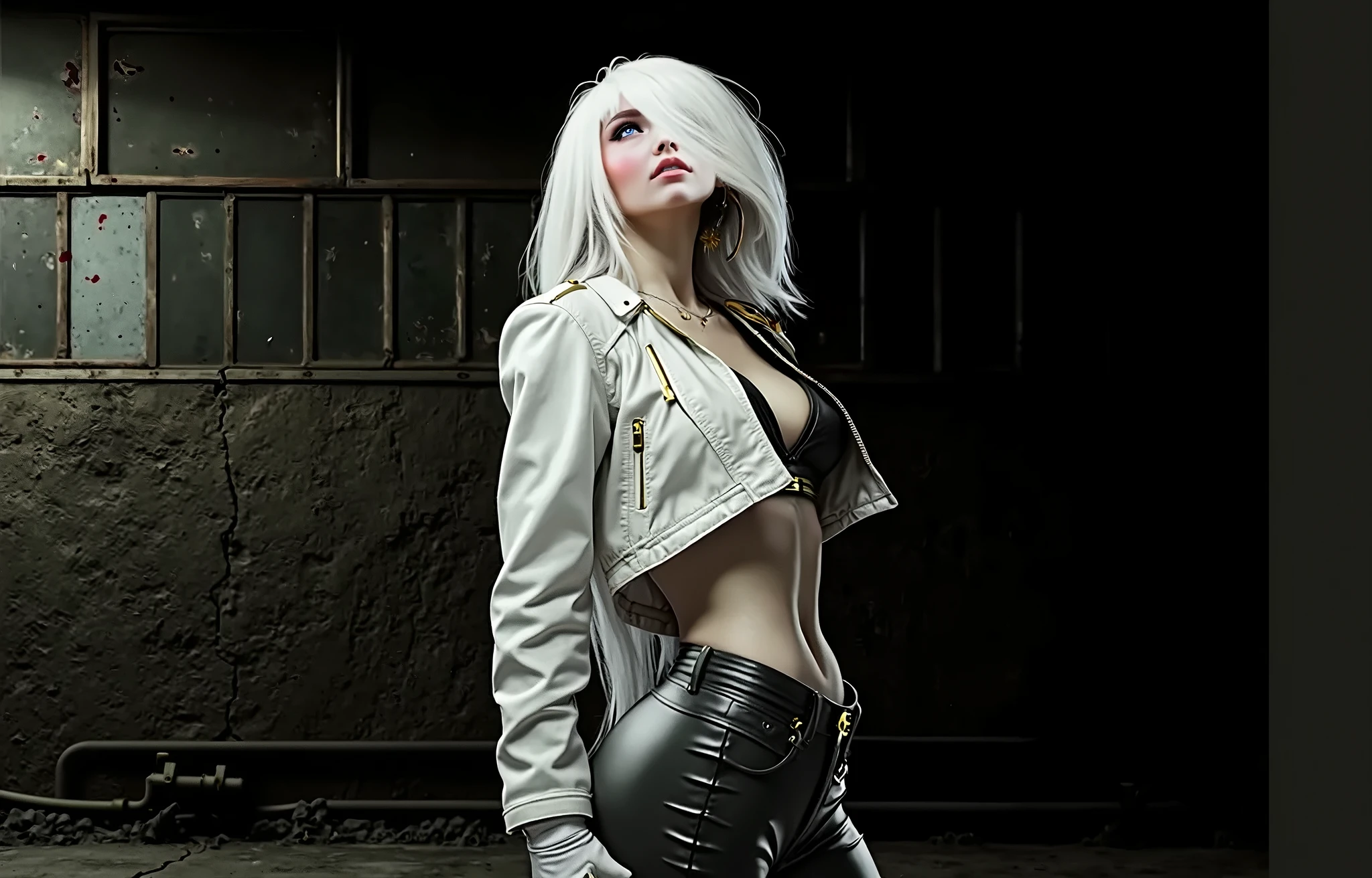 A sexy woman's body, and a white cat head with a mysterious expression. Wearing white pants and a lilac leather jacket with a white fur collarHuman Animal Hybrid. Super realistic. Hyper realistic. Ultra realistic. Realism. Naturalism. Volumetric light. Volumetric , cinematic, poster, photo