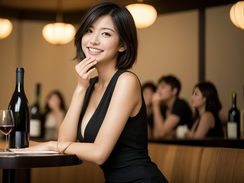 (8k, RAW photo, photorealistic, HQ, masterpiece), solo, a cute Japanese woman, (glowing eyes), 
(Laughing with hands covering mouth), wavy short hair, (Black dress), medium breasts, 
(Stylish and spacious restaurant, wine glasses on the table, Italian food, wine bottles), Depth of field rally background, backlighting, 