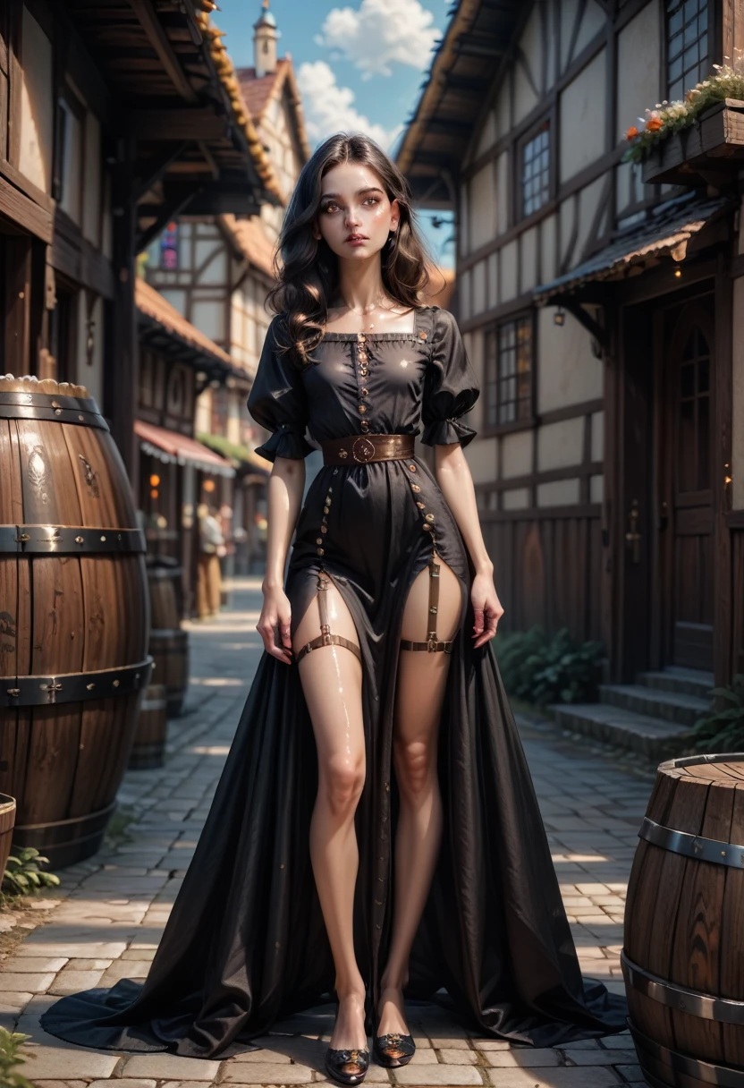  skinny girl long legs skinny legs skinny hips girl ((with long black hair straight to the waist)), with brown eyes, ((( is hiding behind a wooden barrel ))  in a 19th century medieval town in the center of the town  ((the whole city is on fire )))  long black racist silk dress with straps )) shiny skin, (masterpiece), ( High resolution), ( original), (Крайне детальные CG Unity 8K обои), (((polished finish.))) ((polished finish.)) (((polished texture))) (((art texture)) ((best anatomy)) (((polished finish))) detailed face ,  detailed eyes, Detailed eyebrows ,  ,  brunette ,  brown eye , One, score_9, score_8_up, score_7_up, Expressiveh,  overdetailed , (score_9, score_8_up:1.1), score_7_up,  1girl, ( highest quality: 1.4),(whole body)