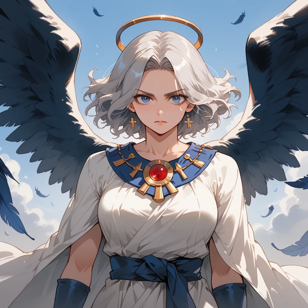 score_9, score_8_up, score_7_up, 2d, anime style, greek temple background, greek tones, greek god, mount olympus. A harpy woman, demihuman race with the body of a human and bird wings instead of arms. fierce and majestic figure with wild, silver hair and stormy blue eyes. Her wings are large and powerful, covered in feathers that shift colors from silver to deep blue. Her body is muscular and agile, wears a tunic made of feathers and clouds.