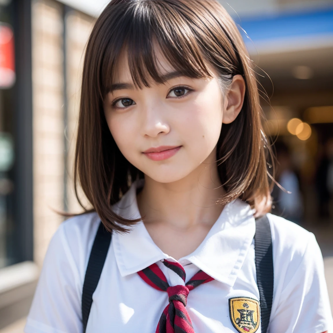 (young girl with big breasts:1.2), (school uniform:1.5),(blunt bangs:1.3),(happy expression:1.3),(very short bob hair:1.2), (station premises:1.5), (light brown hair :1.2)