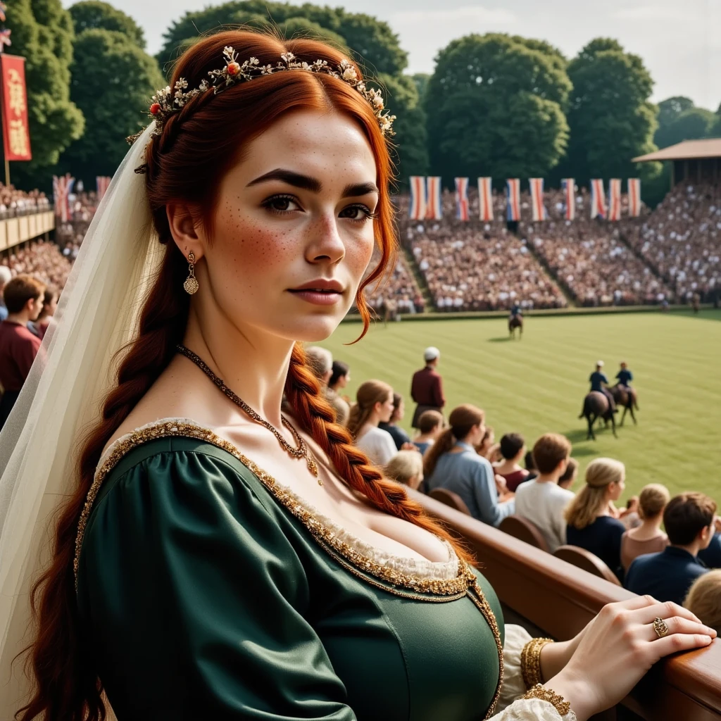 Photorealistic, cinematic style, a picture of a beautiful British woman dressed as a medieval noblewoman.  She's sitting in the stands of a medieval jousting tournament. Bright coloured banners, rising stands, lavish heraldic decorations. Group of people dressed in medieval clothing. Behind the stands a green lawn, oak trees. Smiling.  She's got brown eyes, downturned eye shape, light skin and freckles, long reddish-brown hair, braided hairstyle. She wears a beautiful dark green garb with gold trimmings, hair made into a series of buns on top of her head, white transparent veil covering her hair and neck. perfect hand,HDR, intricate details. 