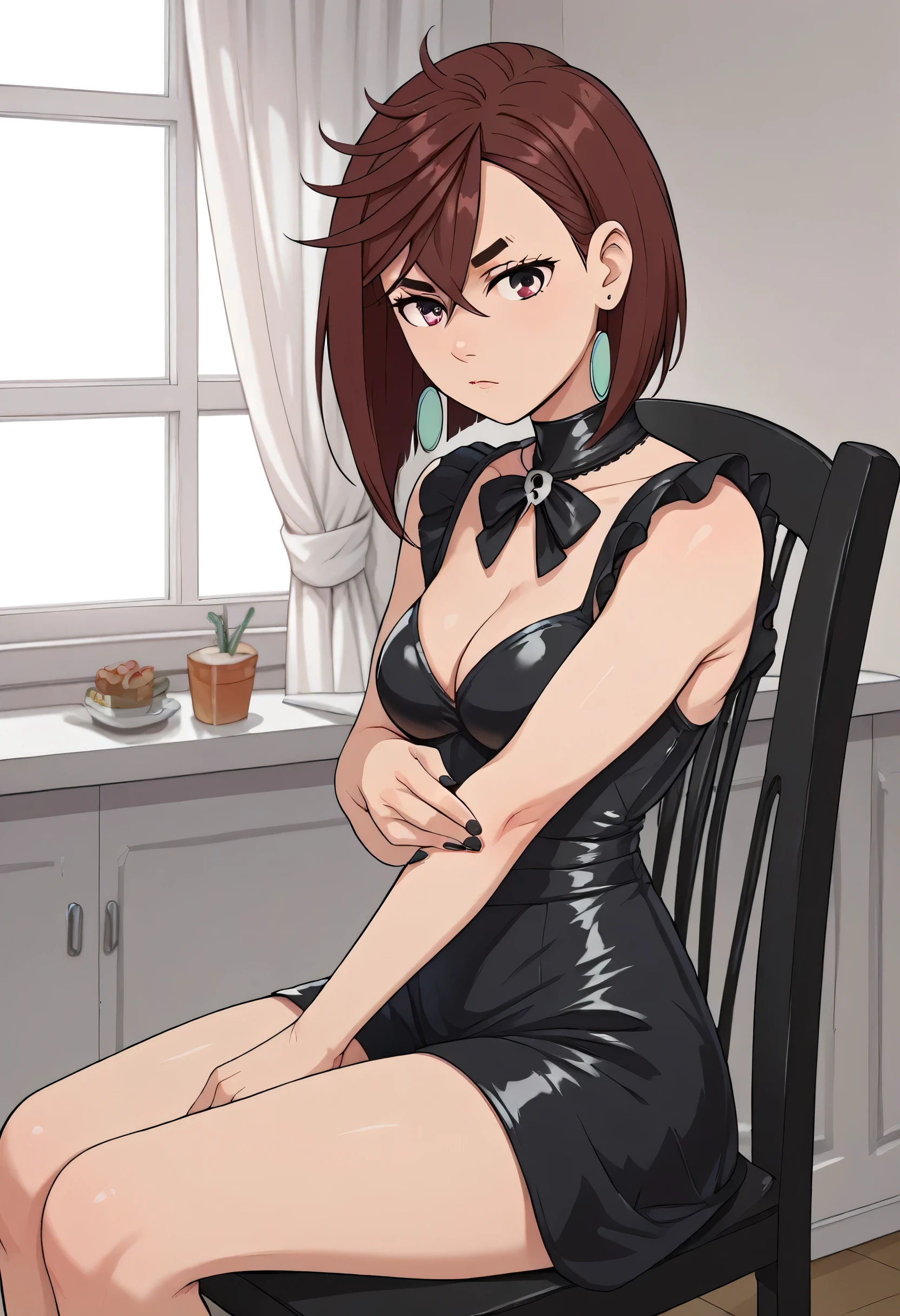 momo ayase, short hair, brown hair, brown eyes, bangs, thick eyebrows, medium breasts, gothic dress, latex, gothic theme, sitting, gothic chair