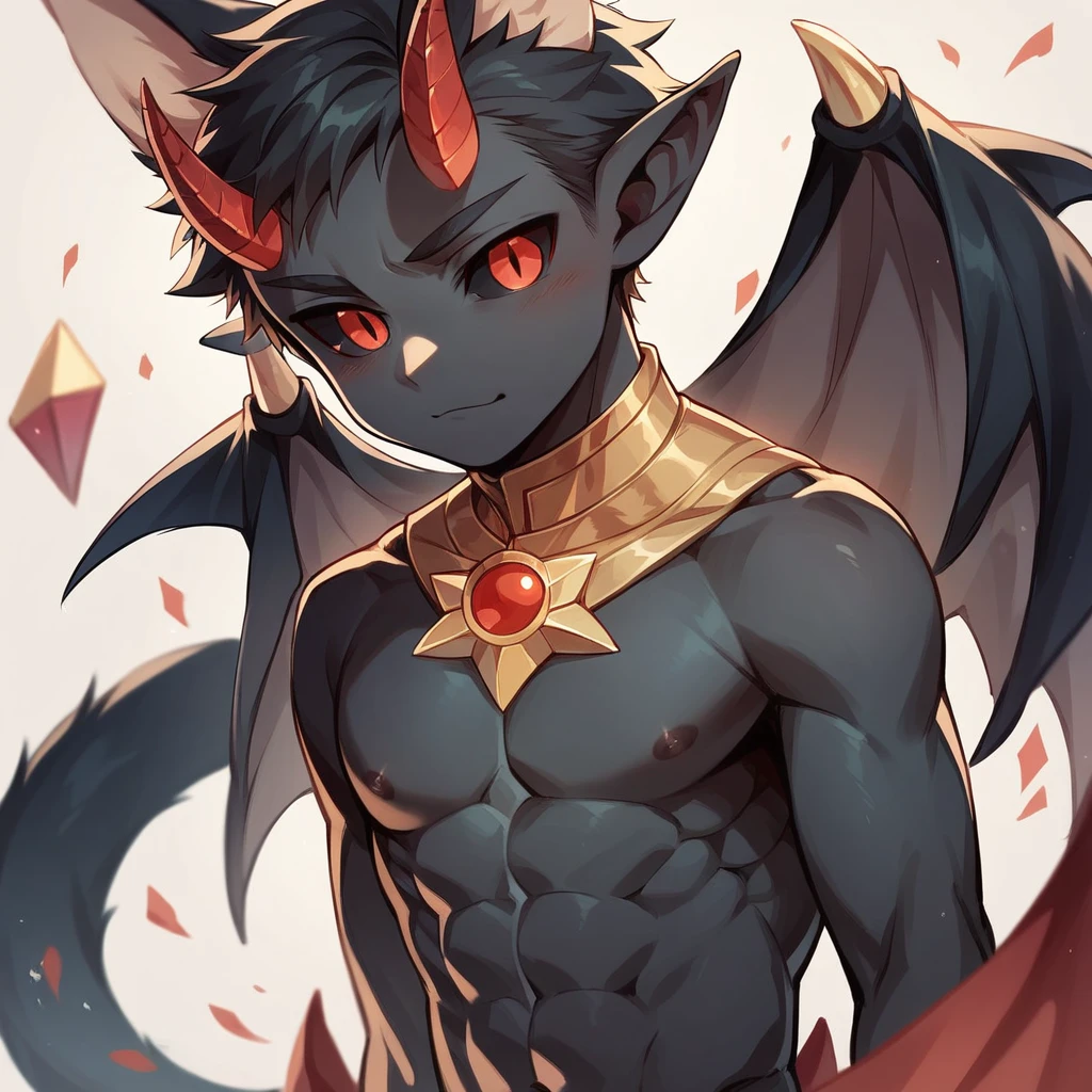 Bennett, young fox boy ,cat ears, chiseled abs, chiseled pecs,black skin,horns,wings,black sclera,red pupils,cute,Masterpiece, best quality, Full HD, 8k, ultra details, great graphic

