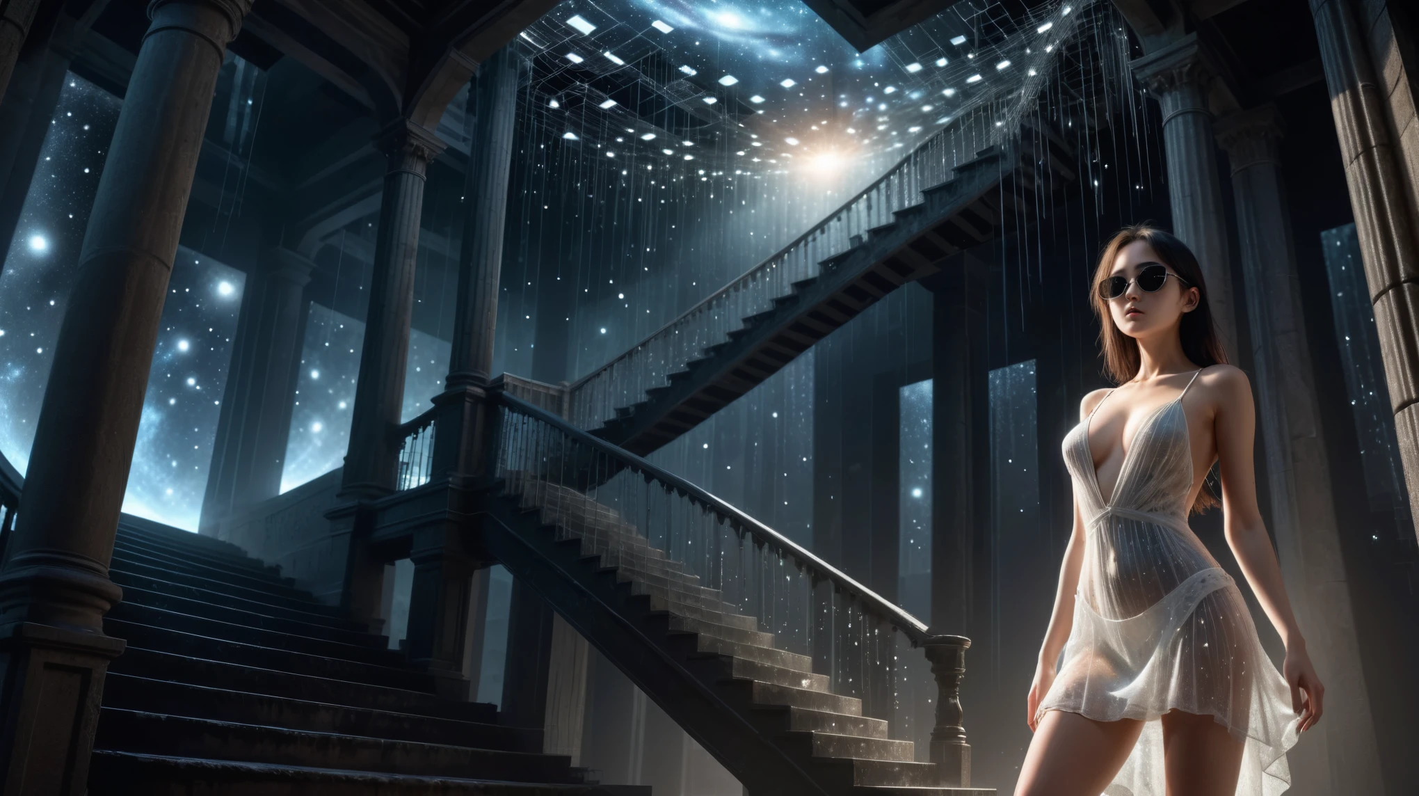 (Wide and low angle view). Ryoji Ikeda Style, High quality 3d background in matrix style, lost memory fantasy scene, open-air staircase is collapsing with surreal galaxy in the dark background. A woman, (wearing a transparent:0.8 ivory flowing stunning sleeveless sling backless deep-v one-piece short:0.1 loose princess dress), in dark background. (1girl, solo, alone), photorealistic, large-breast:1.4 slim:0.5 body, (detailed oval:0.4 face, strong light on face), side boob, cleavage:1.1, white laced G-string micro panty, (black micro sunglasses), (((aiming the viewer with a short:0.5 gun))), (looking at camera), dynamic hip-up running pose, ((half-body thigh level close-up:1.9 shot)) in the foreground, cinematic lighting, ray tracing, dark background.