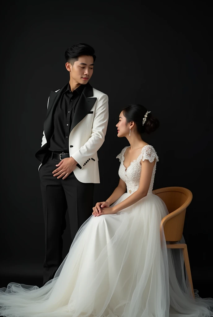 Long shot photography full body asian couple, a hansom asian man wearing a black shirt with a  and a white blazer, wearing black pants, black shoes, a beautiful asian woman with bun  hair, posing hugging, wearing white Very luxurious wedding dress, wearing higheal pose romantic a man standing and a woman sitting on a high wooden chair, black studio photo background, minimalist decoration, fresh colors, 8k resolution,super HD