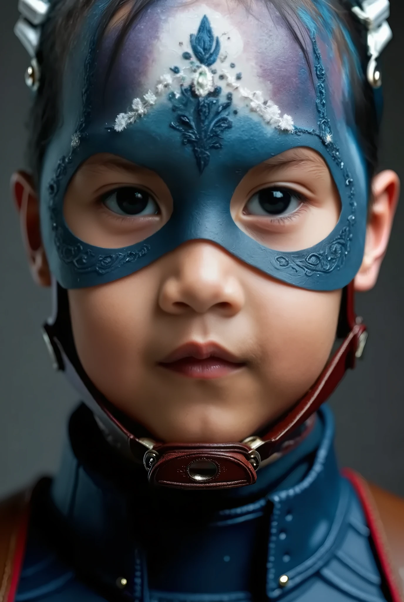 create a costume for a boy 2 filipino,  that has super power of wind and a light effect. but the costume is dark blue with a touch of silver and black, don't cover the full face just the eyes only. the super detailed and texture of the costume should be visible, make it realistic. provide also a weapon which the looks are royal blue glass knife that turned into a ring. make it detailed the weapon also.