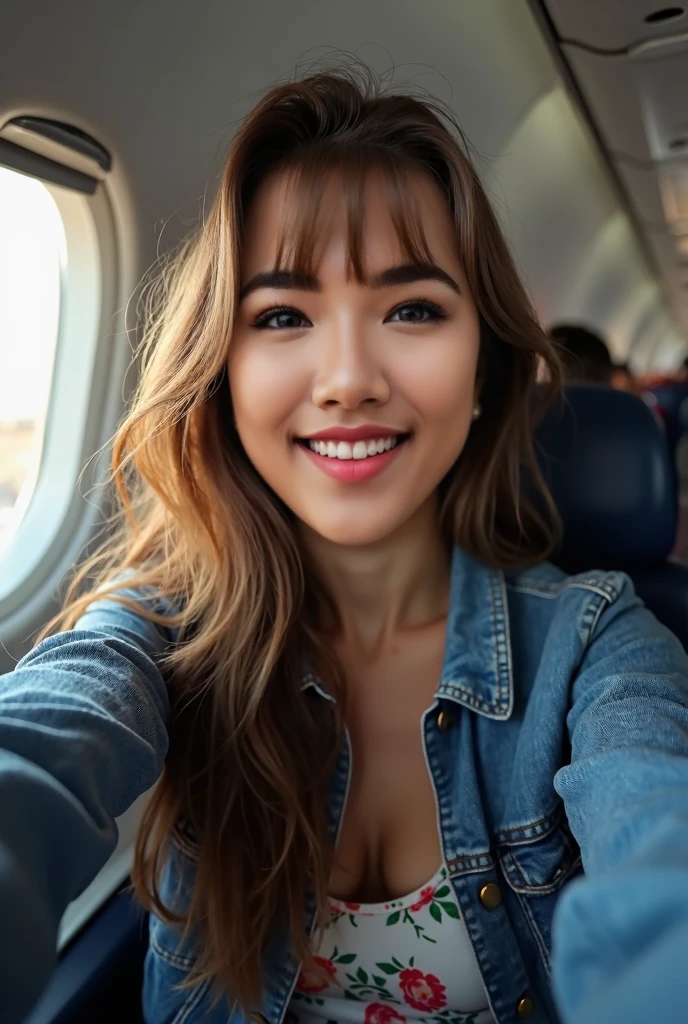 Beautiful wornan, 21 years okt, with a smile on their face, red hair, , taken with iphone camara BREAK medium shot seihe of a pretty young woman BREAK (ombre:1.3) BREAK tim grain, medium quality on the plane with an elegant outfit