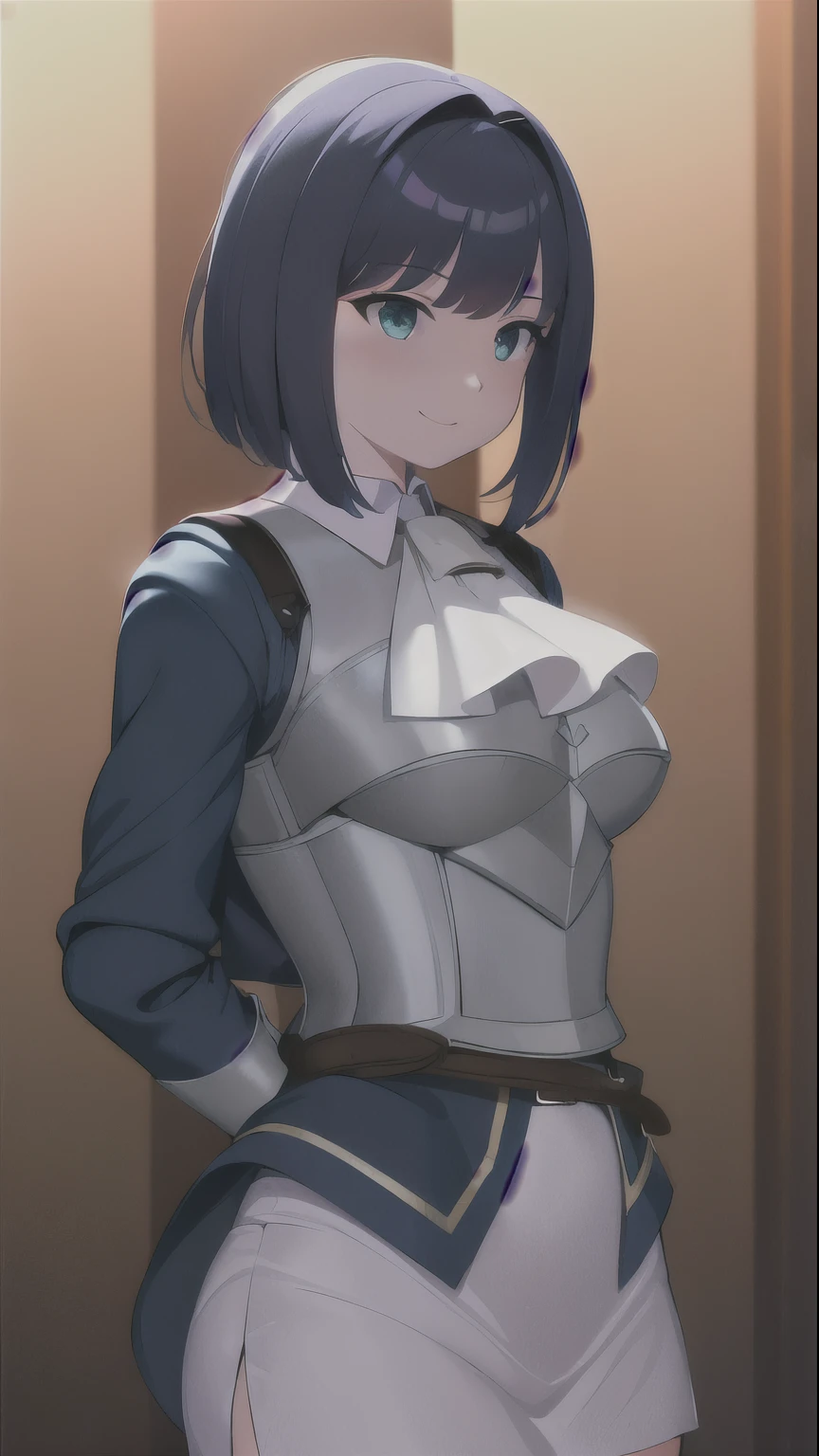  masterpiece , inside,  dark blue shirt,  cinematic lighting,  the arms behind the back,   looking at the spectator, smile,  green eyes,  blush, Alexa, Ascot white, shirt, armor, Bermuda,  belt, 1 girl, (( The best quality)), ((highres))