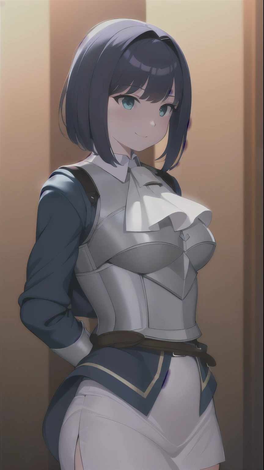  masterpiece , inside,  dark blue shirt,  cinematic lighting,  the arms behind the back,   looking at the spectator, smile,  green eyes,  blush, Alexa, Ascot white, shirt, armor, Bermuda,  belt, 1 girl, (( The best quality)), ((highres))