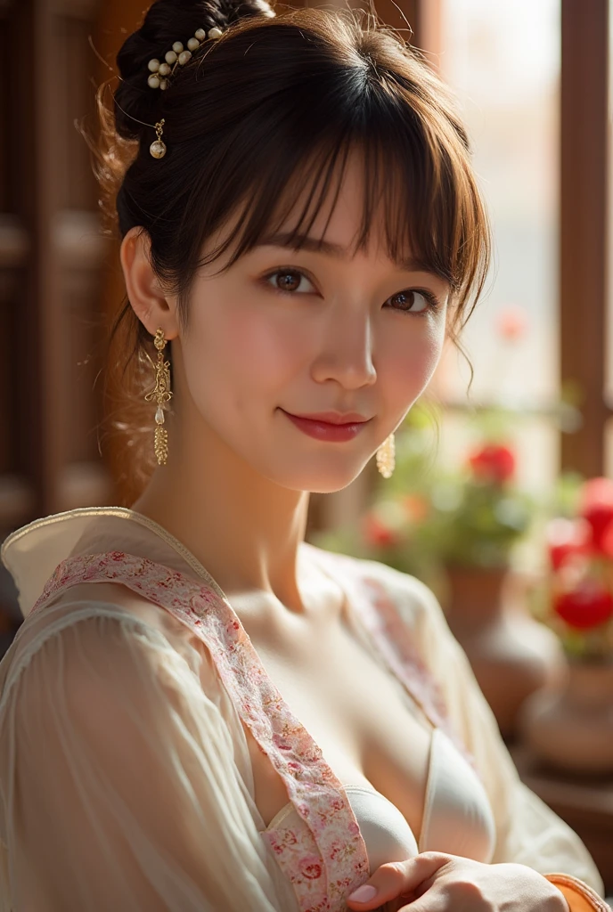 masterpiece, best quality, Married woman， aldult, Chinese style, China, elder sister,  Smile, brown hair, princess cut, Single fried dough stick braid，Black tights，Full of motherhood，Traditional China clothing，Pure desire，blushing，dignified yet lively，Mother，The hand caressed the belly，thin lips