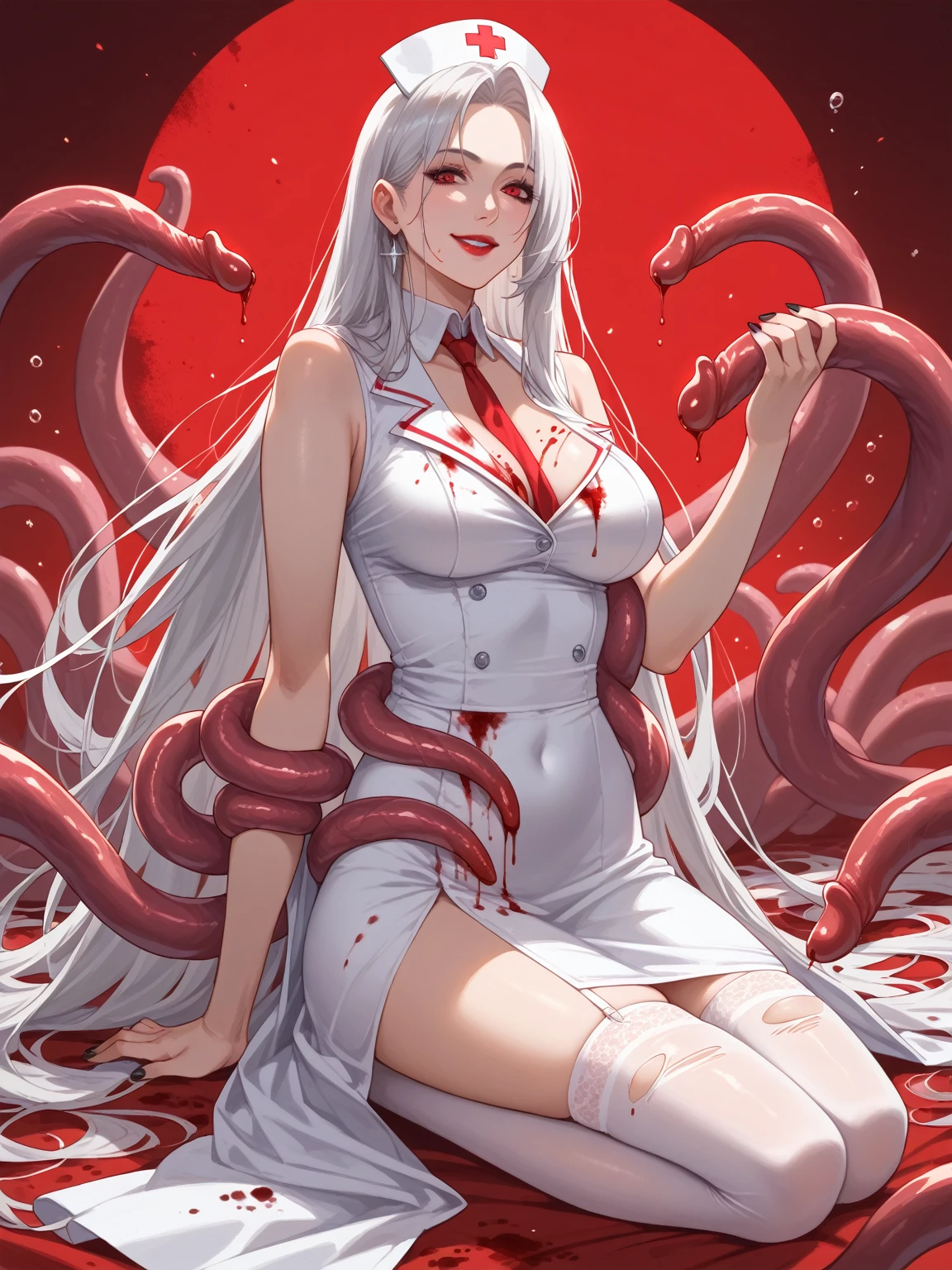 ((blood droplets)), ((blood)), ((blood splatter)), ((blood on clothes)) ((blood stain)), Masterpiece, very detailed, ultra detailed, one, (1 female), she is ghostly pale, skin white as sheet, well endowed body, medium weight, not slim, red lips, dressed in in a pink nurse outfit, torn stockings, sitting in an elegant position, mature smile, woman, super long hair, silver hair, white hair, and hair above her eye, realistic nose, beautiful, sideview, charming, glowing blood-red eyes, elegant, big breasts, clean beautiful face, blood-stainded hands, long black nails, tentacles, sitting on dead bodies, charming, bright red background, dead atmosphere, against the background of blood and gore