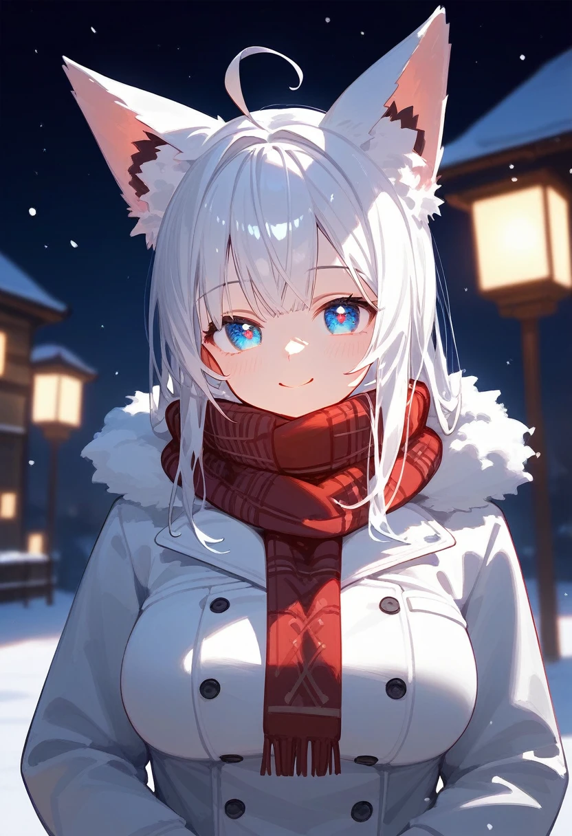 (masterpiece) (detailed) score_9,score_8_up,score_7_up,),score_9,score_8_up,score_7_up, fubuki(hololive), warm house, night ,dinner room ,1girl,solo, kawaii, detailed, shiny skin,One Woman、Big Breasts、shiny cream white Hair、Long Hair、Straight Hair、Ahoge 、Droopy eyeature, snow fall on background , luminous blue eyes, lovely shiny eyes, hope in eye ball, nice body(1.1), eyes stare, girl, look happy, fox girl, ultra high eye detail, friendly, winter , wearing white winter coat, nice red scarf, put her hand between viewer face, smile, just 2 of us