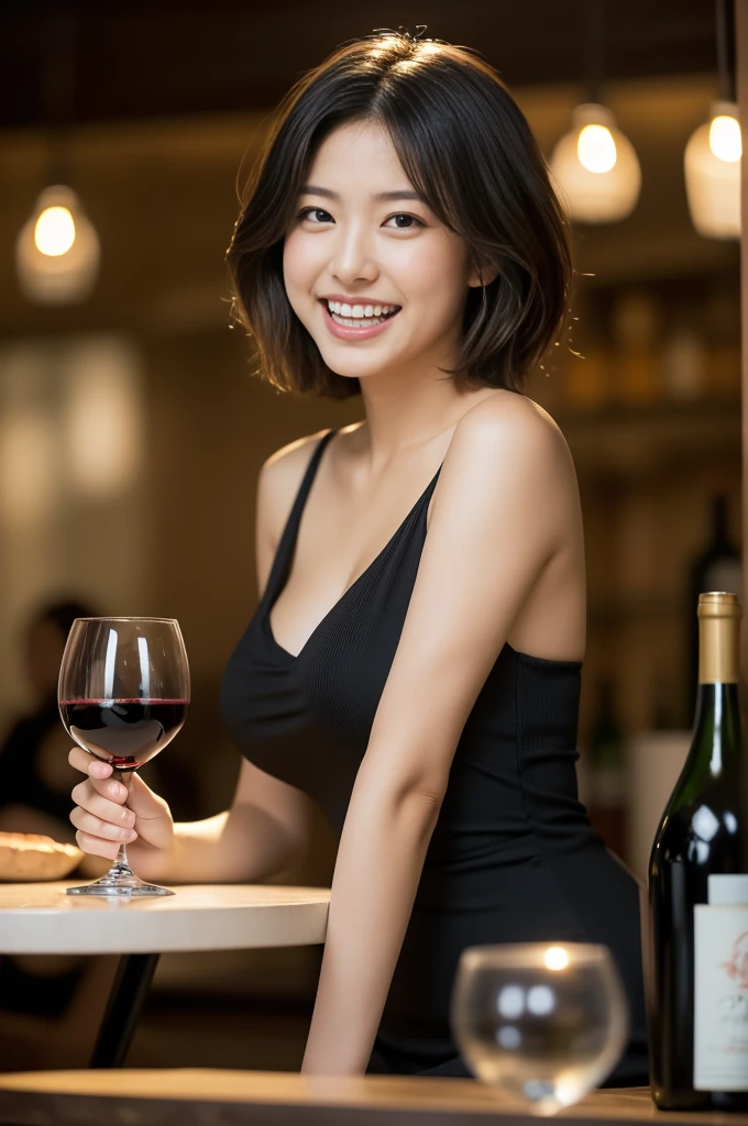 (8k, RAW photo, photorealistic, HQ, masterpiece), solo, a cute Japanese woman, (glowing eyes), 
(Laughing with hands covering mouth), wavy short hair, (Black dress), medium breasts, 
(Stylish and spacious restaurant, wine glasses on the table, Italian food, wine bottles), Depth of field rally background, backlighting, 