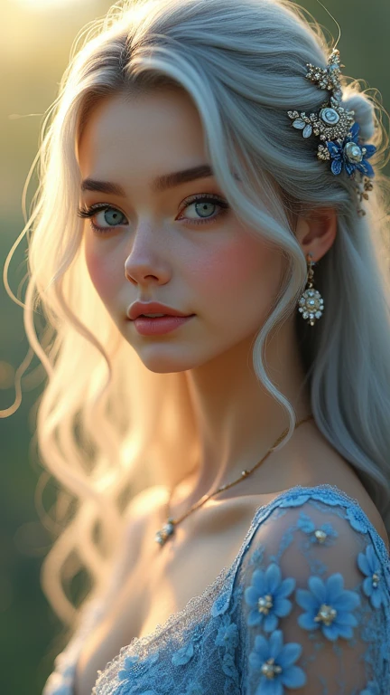 Beautiful pretty princess with blue eyes, with natural pink lips and straight eyebrows with blonde hair and long white dress with sleeves up to the shoulders different and realistic image